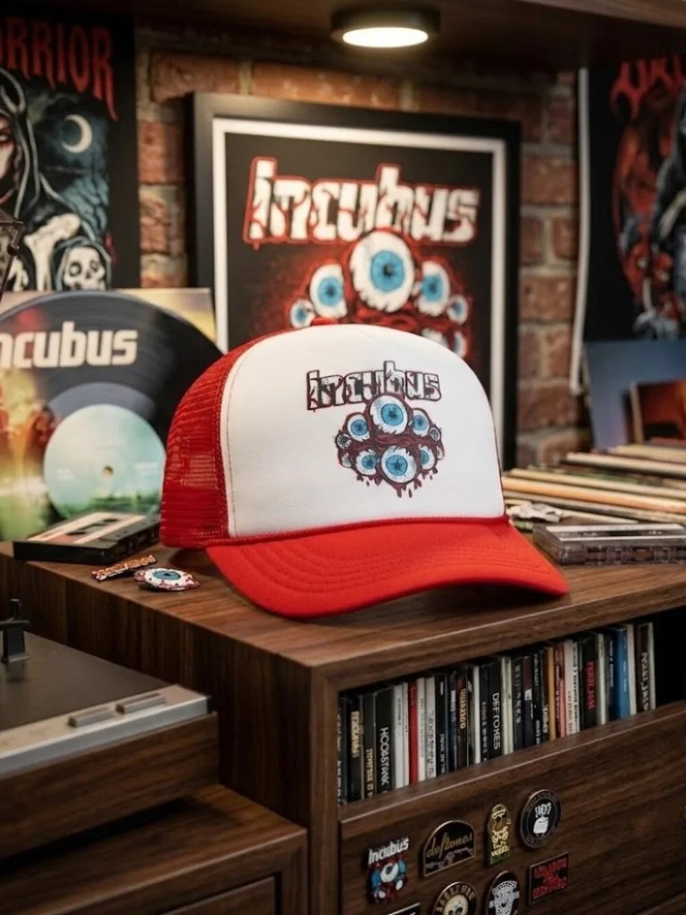 Retro Incubus Band Eyeball Art Foam Trucker Hat Red White Rope Cap New Y2K USA
